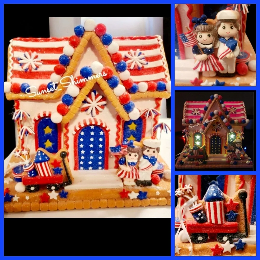 Patriotic LED 4th of July AMERICANA Gingerbread House Stars & Stripes Lighted - Picture 2 of 13